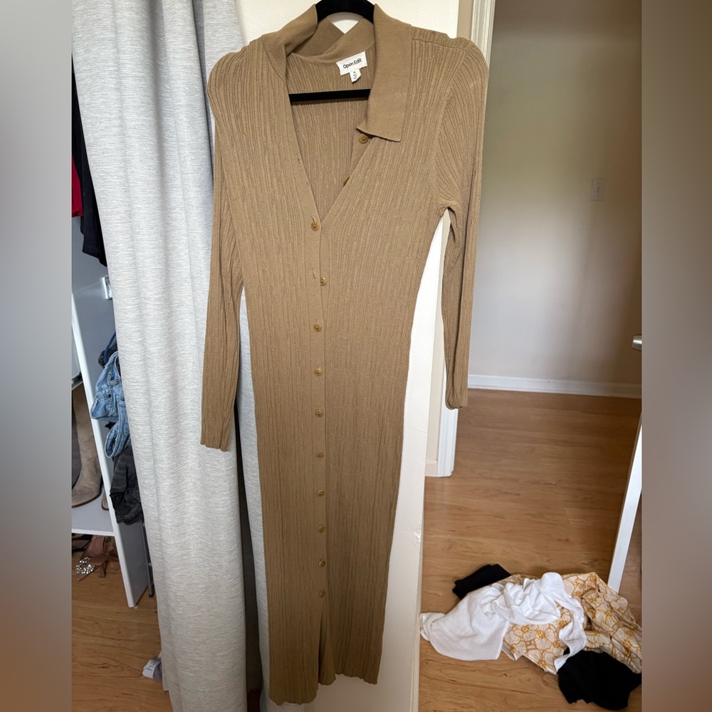 Tan Ribbed Buttoned Sheath Dress